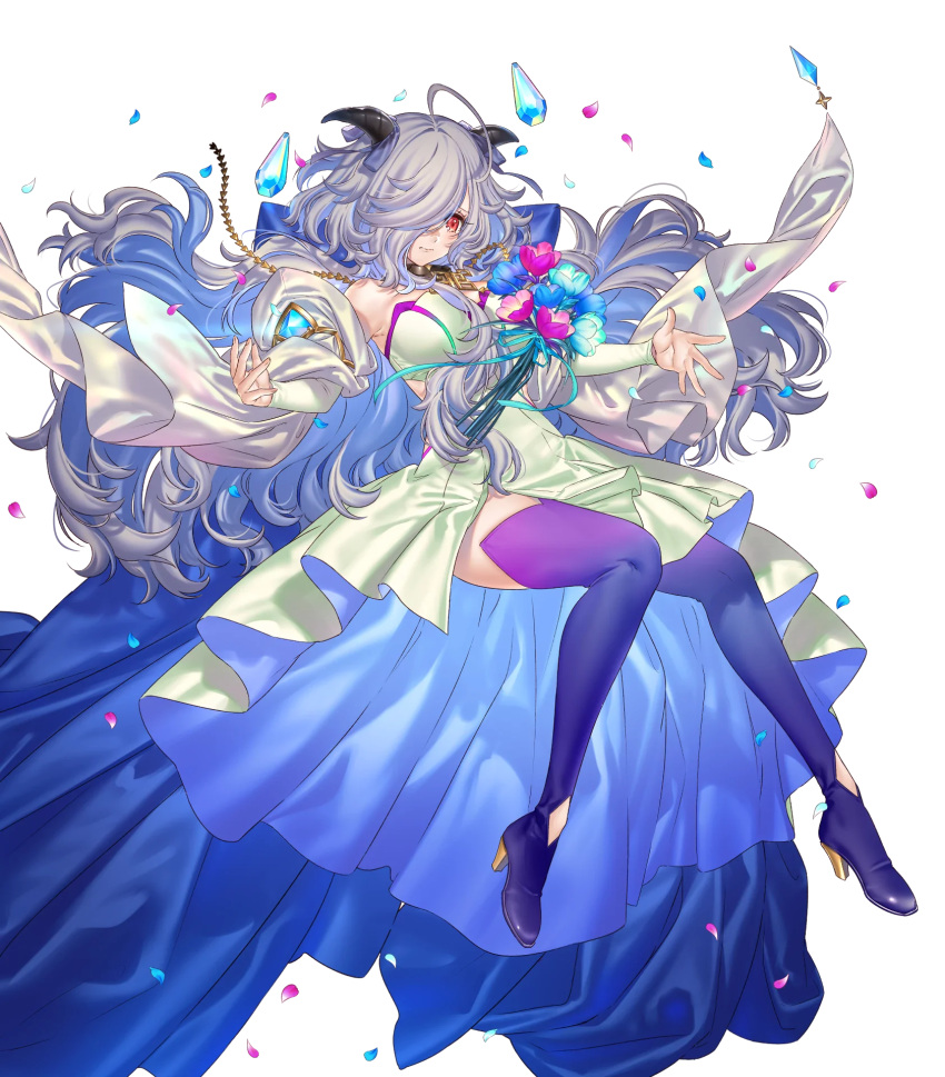 1girl, ahoge, bare_shoulders, blue_hair, boots, breasts, collar, dress