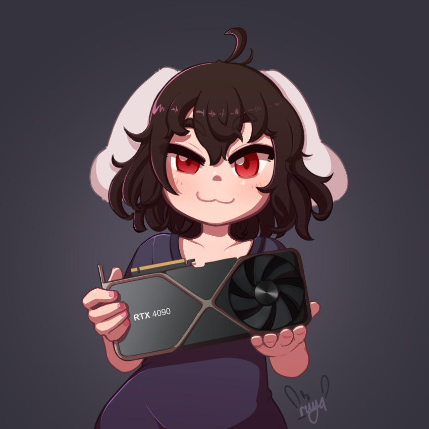 1girl, :3, absurdres, ahoge, animal_ears, black_shirt, blush, brown_hair