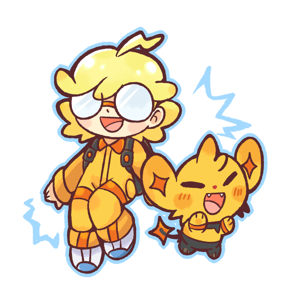 1boy, ahoge, alternate_color, blonde_hair, blush_stickers, bodysuit, chibi, clemont_(pokemon), closed_eyes, fangs, full_body, male_focus, open_mouth, orange_bodysuit, pokemon, pokemon_(game), pokemon_masters_ex, pokemon_xy, round_eyewear, shinx, shiny_pokemon, short_hair, sukey_four, white_footwear