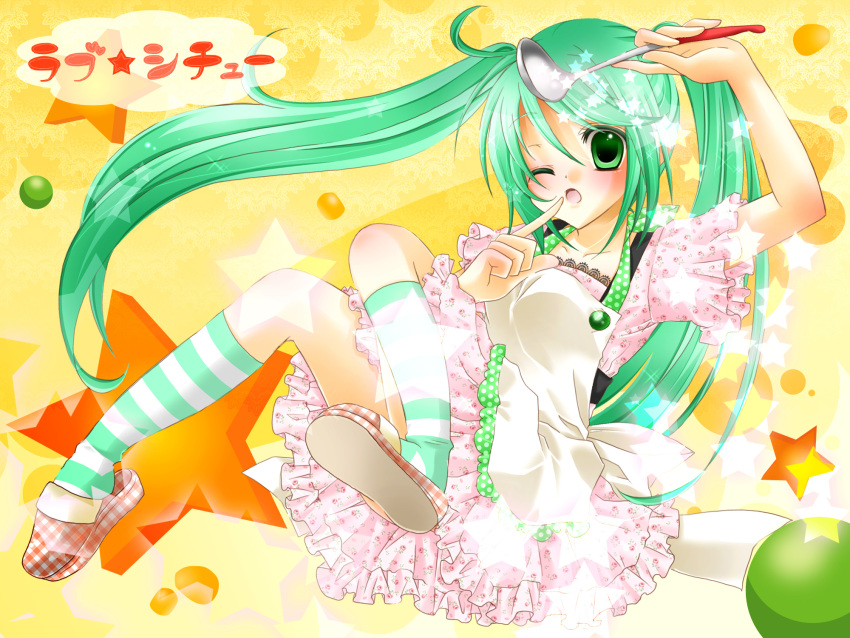 bad_id, blush, dress, frills, green_eyes, green_hair, hatsune_miku, highres
