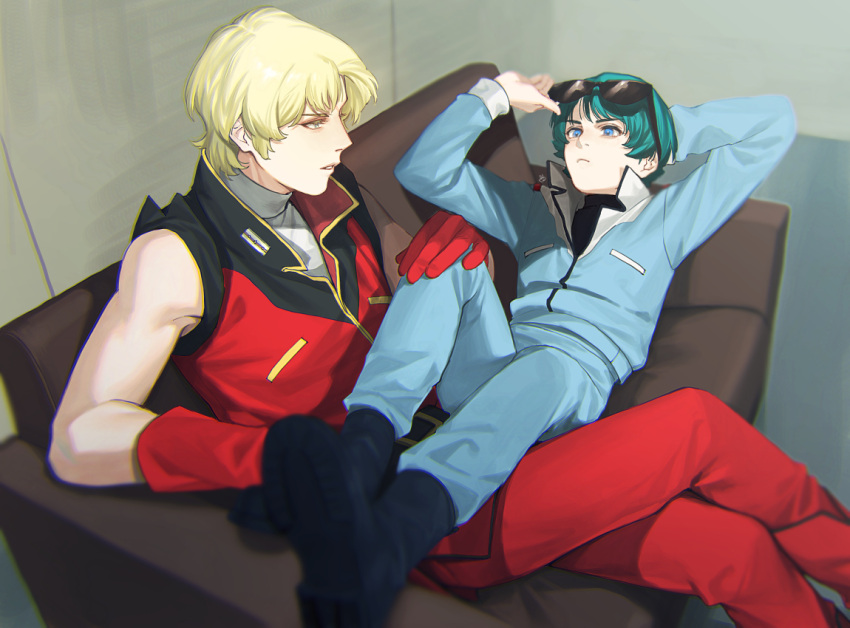 2boys, adjusting_eyewear, arm_behind_head, black_footwear, black_shirt, blonde_hair, blue_eyes, blue_jacket