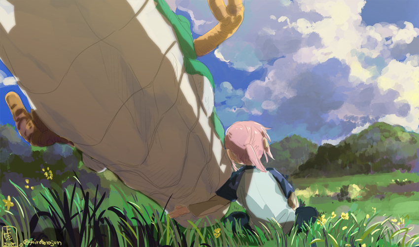 2girls, clouds, commentary_request, dragon, grass, kobayashi-san_chi_no_maidragon, kobayashi_(maidragon), multiple_girls