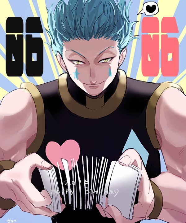 1boy, alternate_hair_color, blue_hair, card, diamond_(shape), facepaint, facial_mark, hair_slicked_back