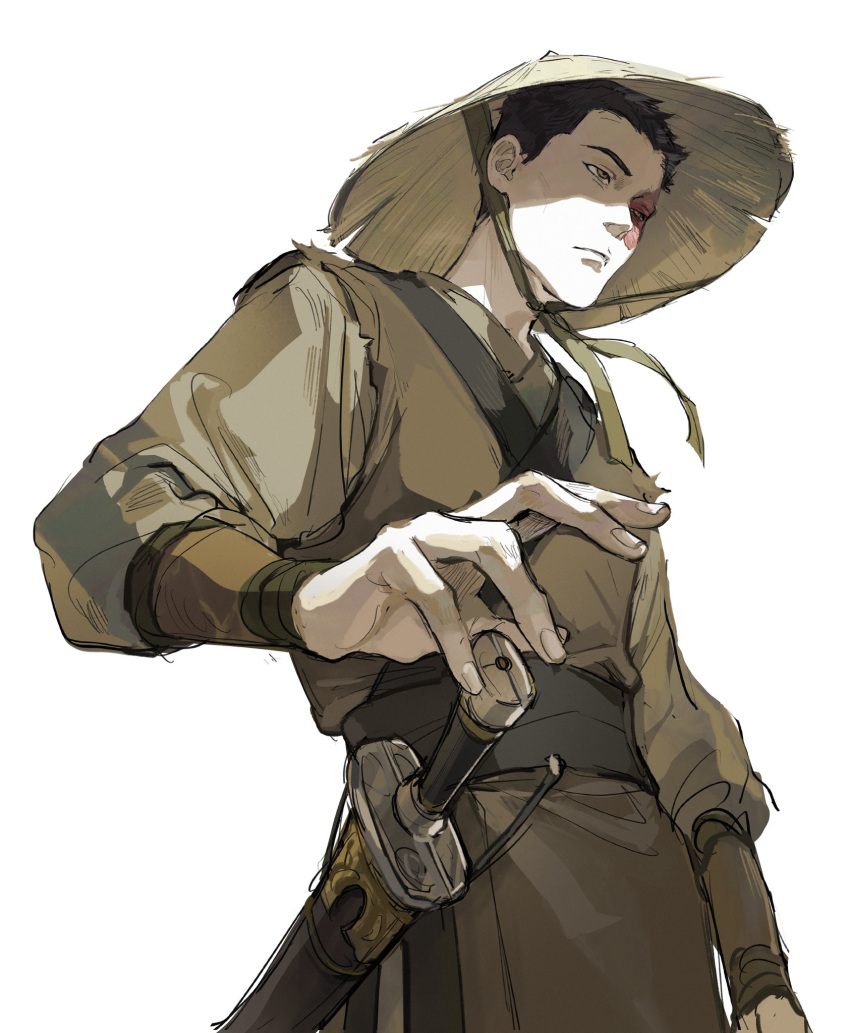 1boy, avatar:_the_last_airbender, avatar_legends, black_hair, burn_scar, cowboy_shot, hat, highres, mimulishizi, rice_hat, scabbard, scar, sheath, solo, straw_hat, sword, tagme, weapon, white_background, zuko