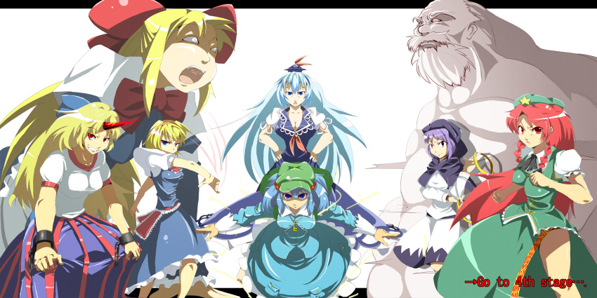 angry, backpack, bag, blonde_hair, blue_eyes, blue_hair, cuffs, dress