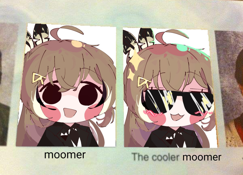 1girl, :3, ahoge, black_eyes, black_suit, blush_stickers, brown_hair, chibi