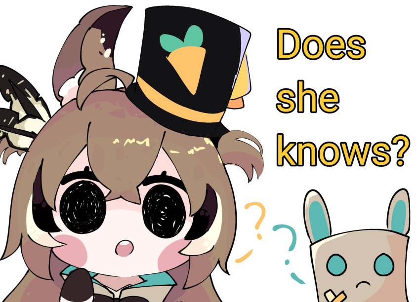 1girl, ?, ahoge, animal_ear_fluff, animal_ears, black_eyes, black_headwear, blush_stickers, brown_capelet, brown_cloak, brown_hair, capelet, chibi, cloak, commentary, crossed_bangs, does_he_know?_(meme), english_commentary, english_text, feather_hair_ornament, feathers, friend_(nanashi_mumei), hair_between_eyes, hair_ornament, hat, highres, hololive, hololive_english, koyoinacho, long_hair, looking_at_viewer, meme, multicolored_hair, nanashi_mumei, open_mouth, portrait, rabbit_ears, sidelocks, simple_background, smol_mumei, solo, straight-on, streaked_hair, teeth, top_hat, upper_teeth_only, virtual_youtuber, white_background