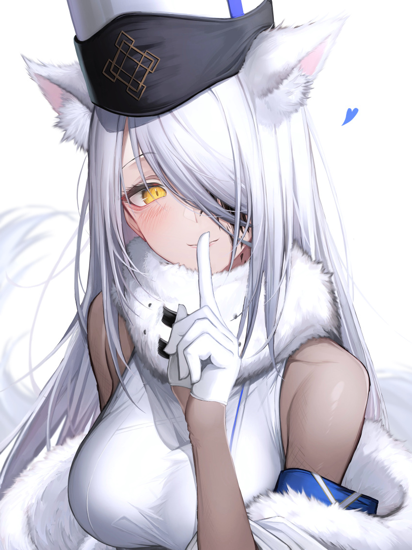 1girl, absurdres, animal_ear_fluff, arknights, bare_shoulders, blue_heart, blush, breasts, extra_ears, finger_to_mouth, fur_trim, gloves, hair_over_one_eye, half_gloves, hat, highres, large_breasts, looking_at_viewer, oripathy_lesion_(arknights), shushing, simone_(arknights), simple_background, solo, tab_head, upper_body, white_background, white_gloves, white_hair, yellow_eyes