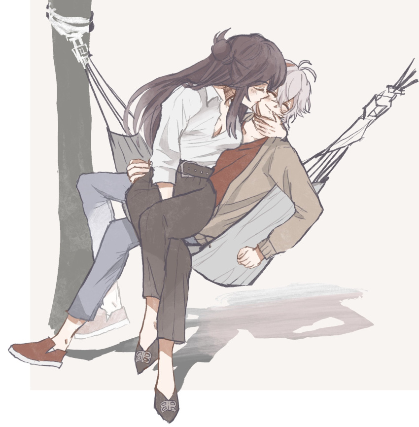 1boy, 1girl, beidou_(genshin_impact), brown_hair, closed_eyes, couple, full_body, genshin_impact, hammock, hetero, highres, kaedehara_kazuha, kasep, long_hair, shirt, short_hair, sitting, sitting_on_person, tagme, white_hair, white_shirt