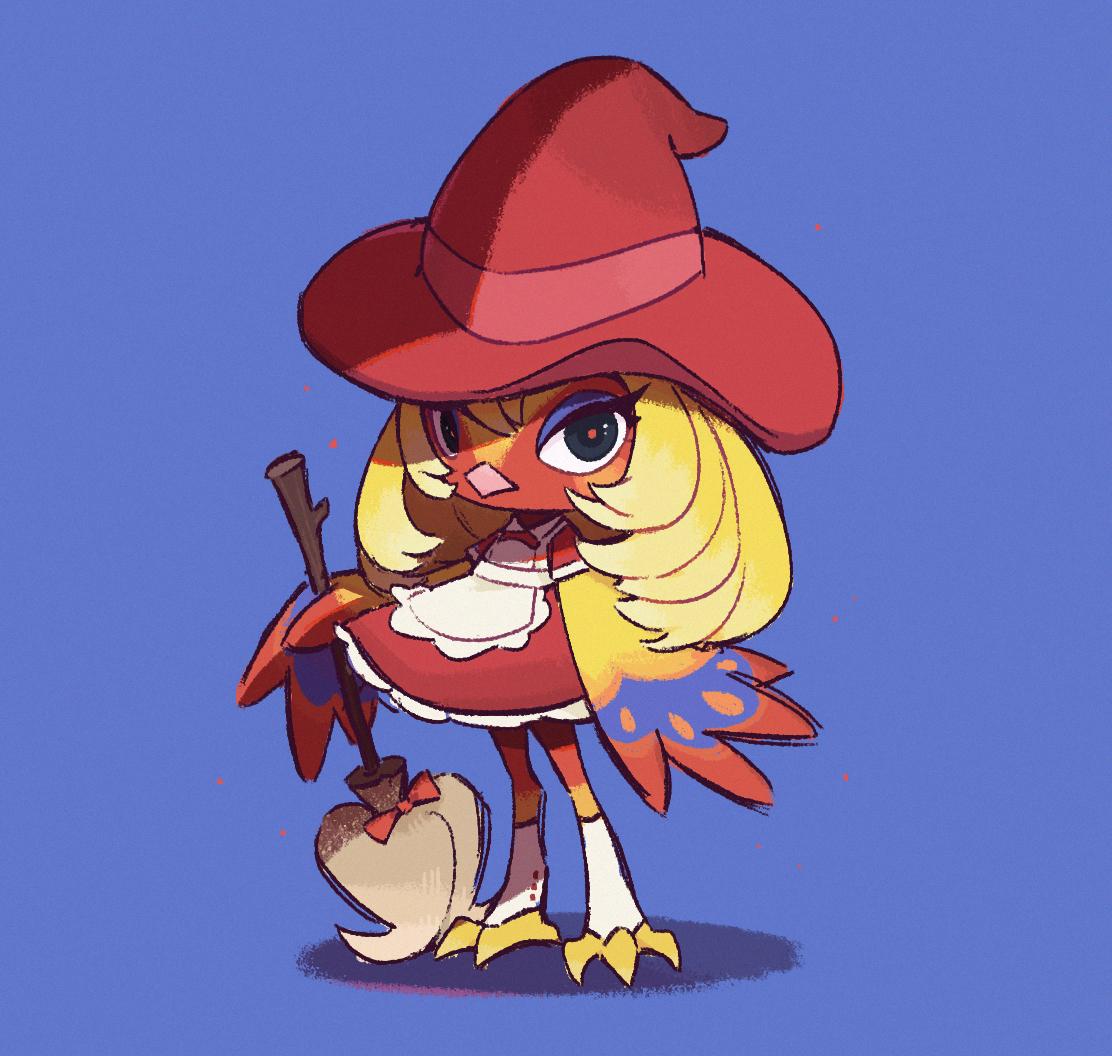 1girl, animal_crossing, apron, beak, bird_girl, bird_legs, blonde_hair, blue_background, blue_fur, broom, dress, full_body, hat, holding, holding_broom, hua_hua_de_meme, looking_at_viewer, multicolored_fur, phoebe_(animal_crossing), red_dress, red_fur, red_headwear, solo, white_apron, winged_arms, wings, witch_hat, yellow_fur