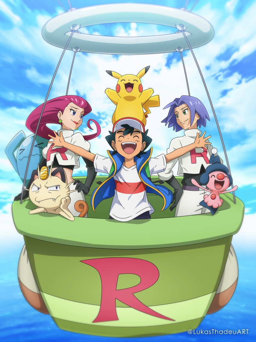 1girl, 2boys, absurdres, ash_ketchum, blue_eyes, closed_eyes, green_eyes, happy