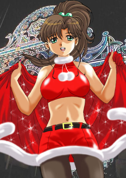 bishoujo_senshi_sailor_moon, brown_hair, cape, christmas, green_eyes, halter_top, halterneck, kino_makoto, kobe, midriff, miniskirt, navel, open_mouth, pantyhose, photo_background, ponytail, ranpu, santa_costume, skirt, solo, stained_glass