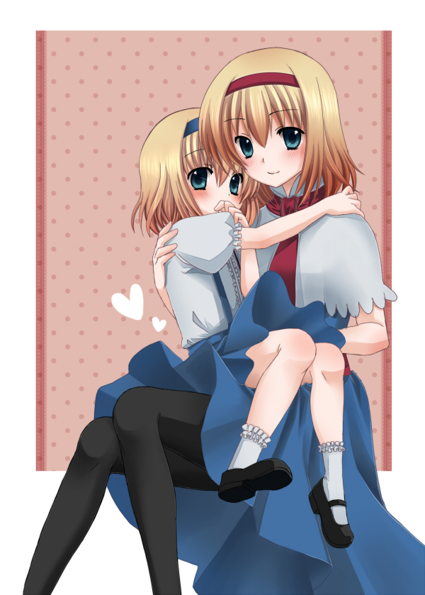 alice_margatroid, alice_margatroid_(pc-98), bad_id, black_legwear, black_pantyhose, blonde_hair, blue_eyes, blush, capelet, carrying, hairband, mary_janes, multiple_girls, pantyhose, polka_dot, polka_dot_background, princess_carry, shoes, short_hair, sitting, socks, time_paradox, tottoto_tomekichi, touhou, touhou_(pc-98), white_legwear