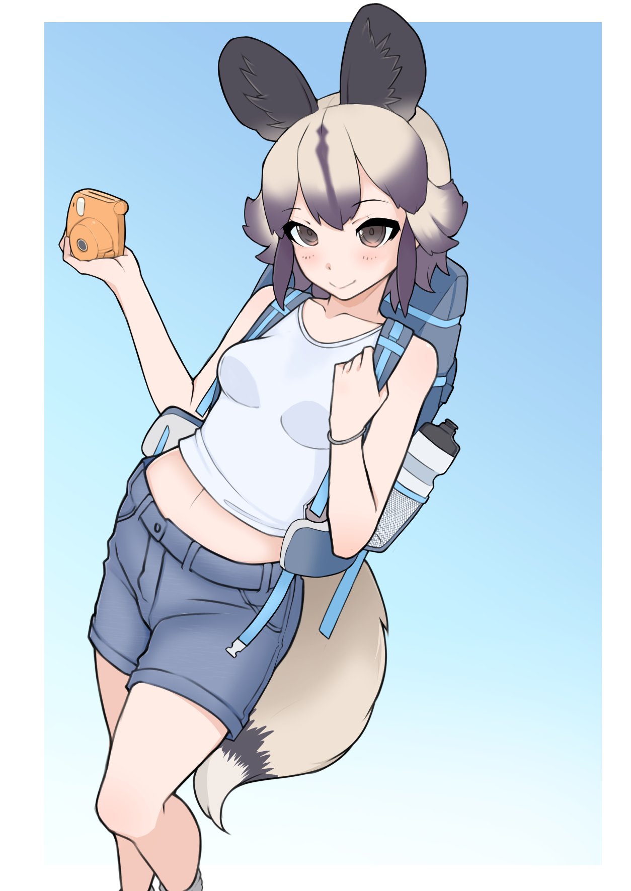 1girl, african_wild_dog_(kemono_friends), alternate_costume, animal_ears, backpack, bag, bare_shoulders, blonde_hair, blush, brown_eyes, brown_hair, camera, casual, commentary, denim, denim_shorts, dog_ears, dog_girl, dog_tail, hair_between_eyes, highres, illu_(illu_stratos), kemono_friends, midriff_peek, multicolored_hair, navel, shirt, short_hair, shorts, sidelocks, sleeveless, smile, solo, symbol-only_commentary, tail, tank_top, two-tone_hair, white_shirt