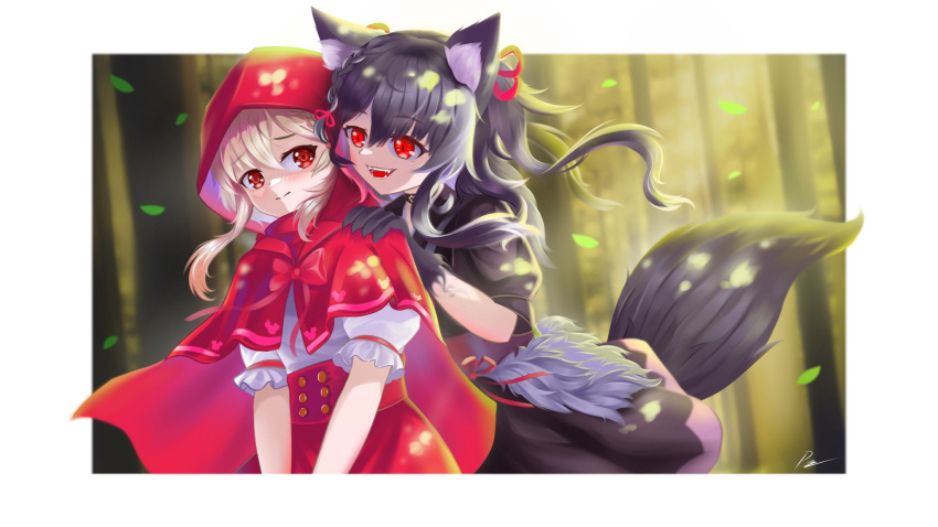 2girls, animal_ears, black_hair, blonde_hair, buttons, capelet, cloak, commentary