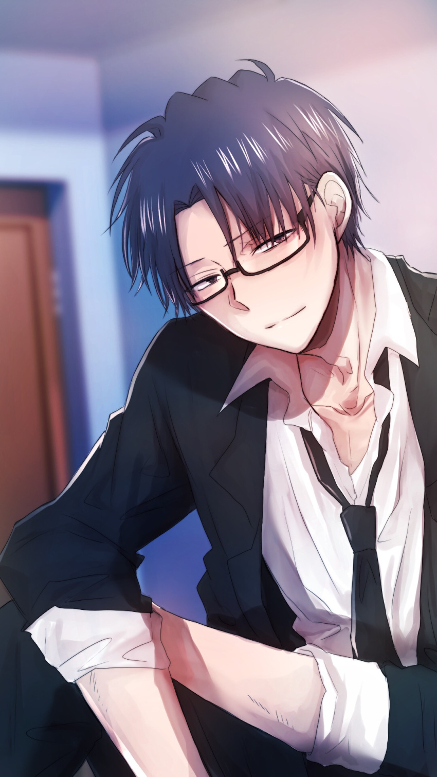 1boy, black_jacket, blazer, blue_hair, closed_mouth, collared_shirt, glasses, highres