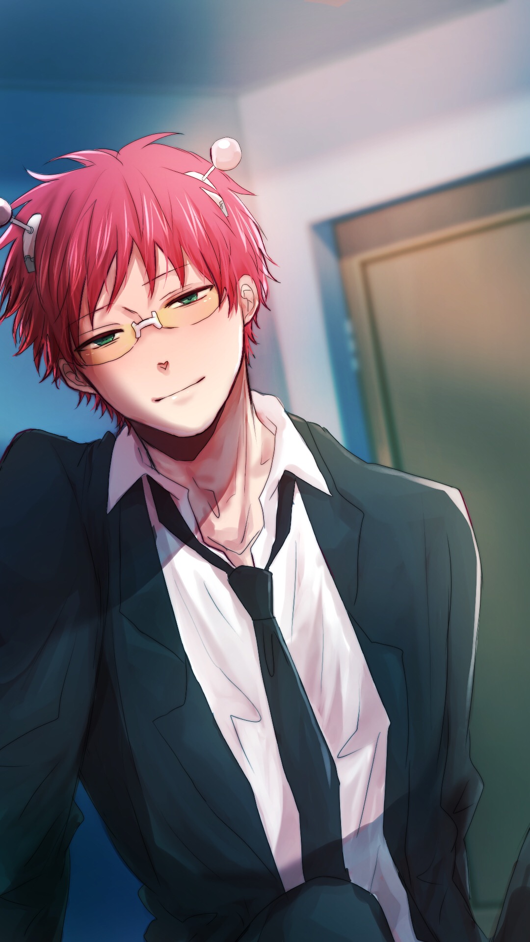 1boy, black_jacket, black_necktie, blazer, closed_mouth, collared_shirt, commentary_request, green_eyes, headgear, highres, indoors, jacket, lapels, long_sleeves, looking_at_viewer, male_focus, necktie, notched_lapels, open_clothes, open_jacket, pink_hair, saiki_kusuo, saiki_kusuo_no_psi_nan, shirt, short_hair, solo, unkopantu, white_shirt