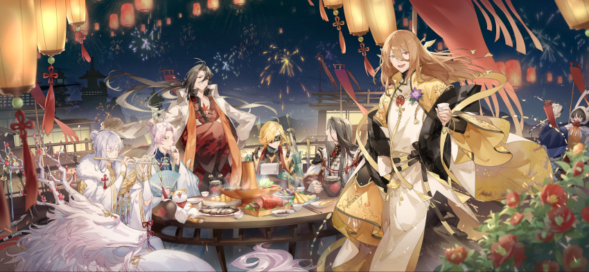 6+boys, :d, aerial_fireworks, ahoge, alcohol, architecture, armor, bangle