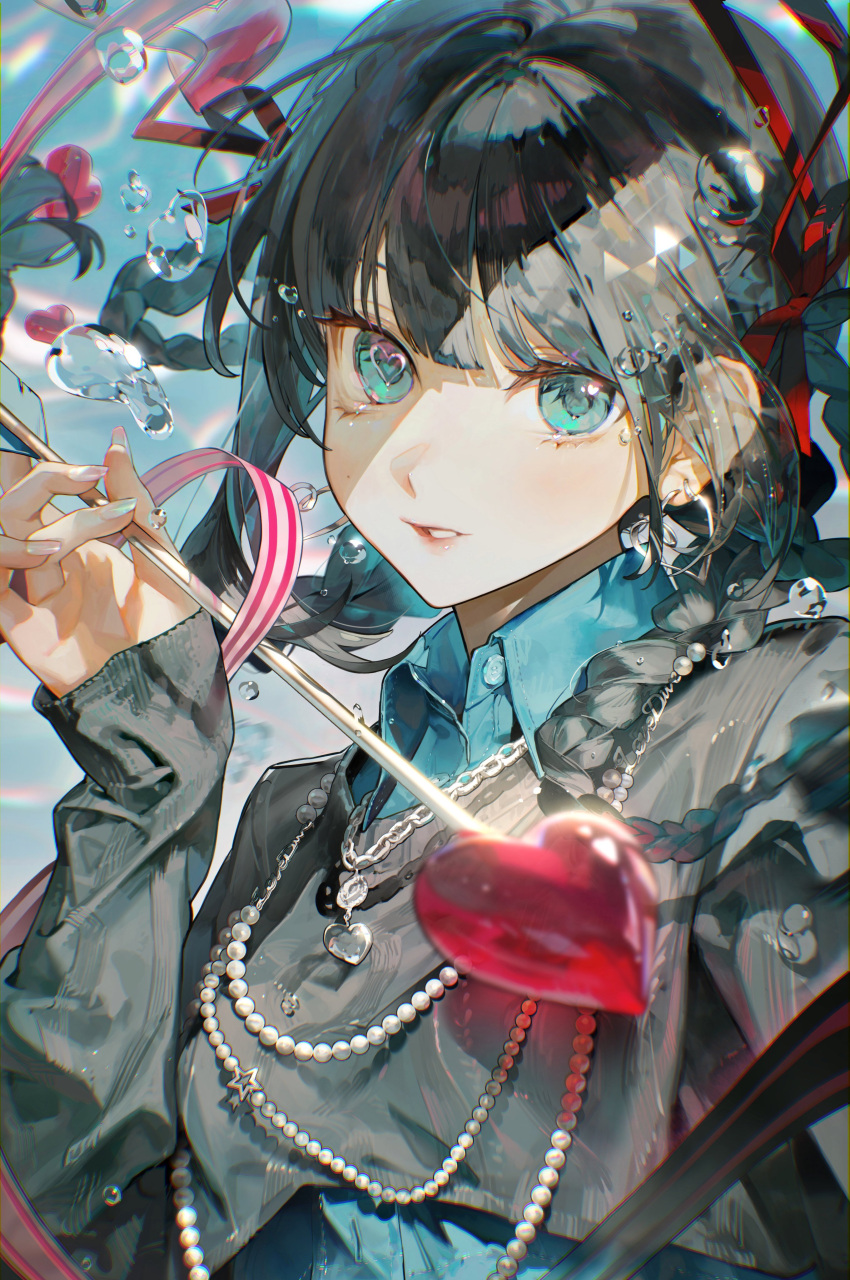 1girl, absurdres, air_bubble, aqua_collar, aqua_eyes, arrow_(projectile), black_hair, black_shirt
