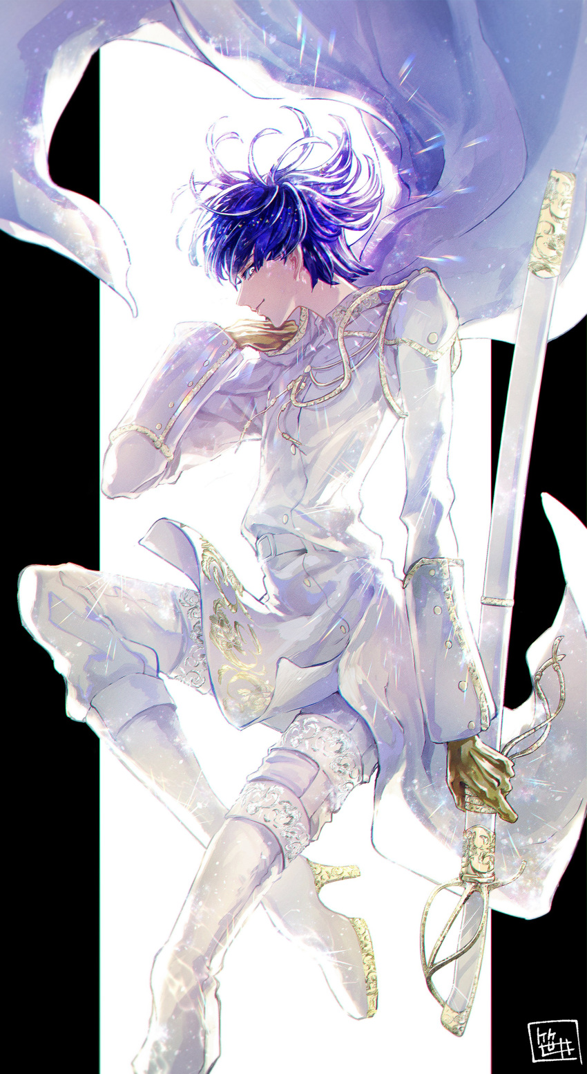 1other, absurdres, androgynous, black_border, blue_eyes, blue_hair, border, cape, commentary_request, high_heels, highres, houseki_no_kuni, itabasami, medium_hair, military_uniform, phosphophyllite_(ll), profile, sheath, sheathed, shoes, simple_background, smile, solo, sword, uniform, weapon, white_background