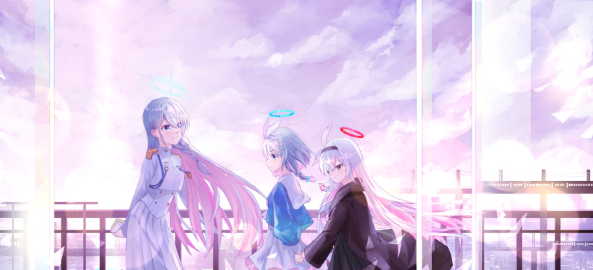 3girls, absurdres, arona_(blue_archive), black_hairband, black_serafuku, blue_archive, blue_eyes, blue_hair