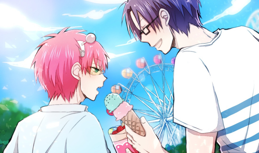 2boys, amusement_park, blue_hair, clouds, commentary_request, crepe, dark_blue_hair, ferris_wheel, food, glasses, green_eyes, headgear, holding, holding_food, holding_ice_cream, ice_cream, ice_cream_cone, kuboyasu_aren, male_focus, multiple_boys, open_mouth, outdoors, pink_hair, saiki_kusuo, saiki_kusuo_no_psi_nan, short_hair, short_sleeves, teeth, unkopantu, upper_body, upper_teeth_only