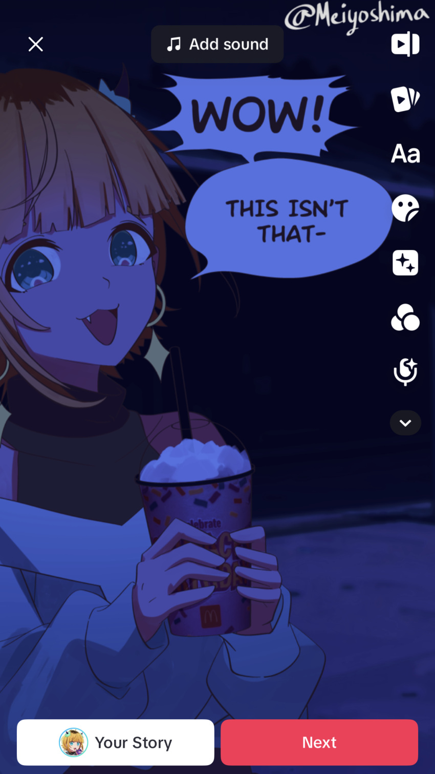 1girl, :3, :d, bare_shoulders, blonde_hair, blue_eyes, blue_sweater, blunt_bangs, collarbone, commentary, demon_horns, drinking_straw, earrings, english_commentary, english_text, fake_horns, fake_screenshot, fang, floating_hair, grimace_shake_(meme), highres, horns, jewelry, long_sleeves, looking_at_viewer, meiyoshima, memcho, meme, night, no_pupils, off-shoulder_sweater, off_shoulder, open_mouth, oshi_no_ko, puffy_sleeves, short_hair, sidelocks, smile, solo, sparkle, sweater, tiktok, twitter_username, upper_body