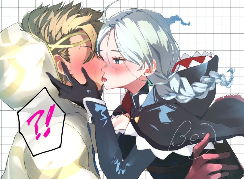 1boy, 1girl, absurdres, ahoge, blue_eyes, blush, braid, commission, commissioner_upload, couple, crystal_earrings, earrings, faceless, faceless_male, fire_emblem, fire_emblem_fates, fire_emblem_heroes, hetero, highres, hood, hood_down, jewelry, kiran_(fire_emblem), kiran_(male)_(fire_emblem), kiss, low_twin_braids, mayumayu024, nina_(fire_emblem), nina_(thief)_(fire_emblem), parted_bangs, saliva, skeb_commission, surprise_kiss, surprised, tongue, turtleneck, twin_braids, white_hair