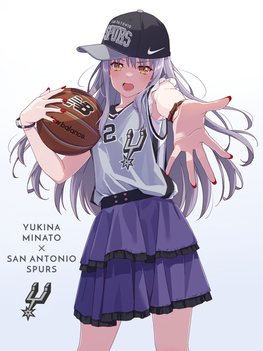1girl, ball, bang_dream!, basketball, basketball_(object), basketball_hoop, basketball_uniform, grey_hair, highres, holding, kawhi_leonard, long_hair, looking_at_viewer, minato_yukina, multiple_girls, national_basketball_association, new_balance, open_mouth, san_antonio_spurs, skirt, sportswear, yazawa_happyaro, yellow_eyes