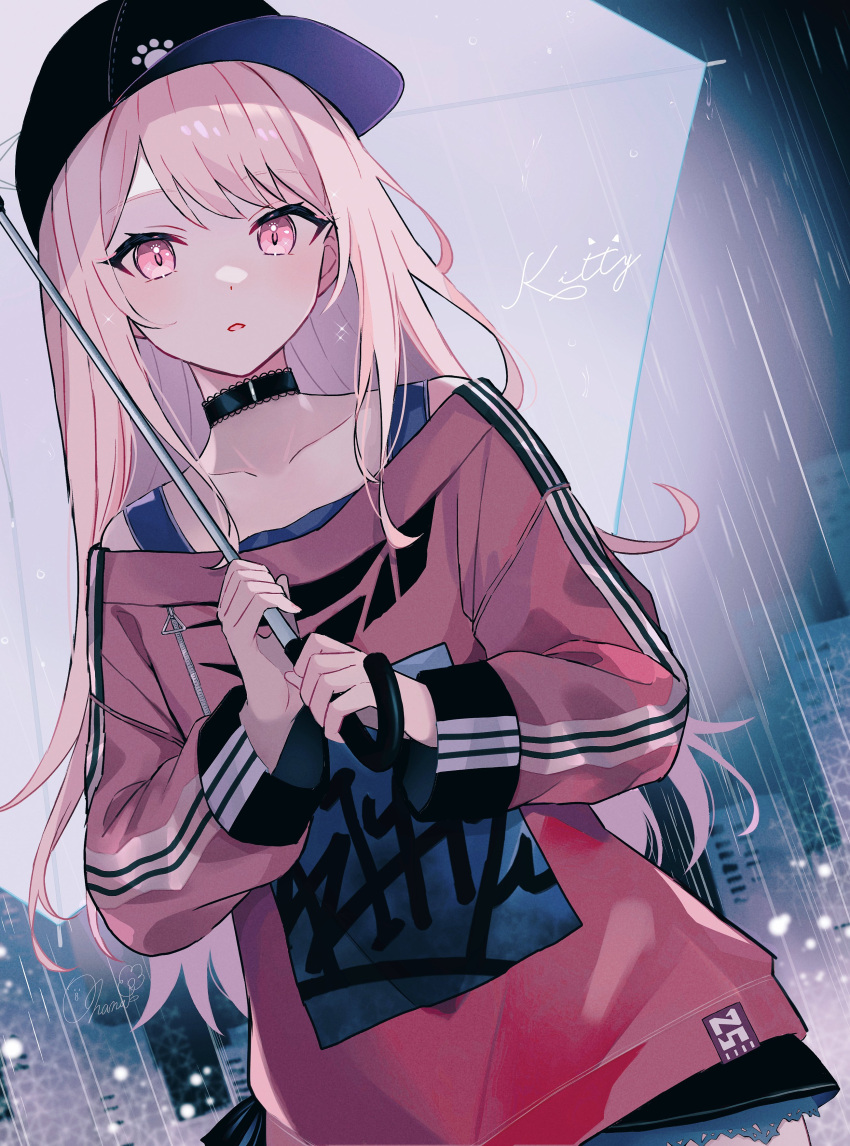1other, absurdres, akiyama_mizuki, black_choker, blush, bokutachi_no_seizon_tousou_(project_sekai), choker, commentary, cowboy_shot, dot_nose, hair_down, highres, holding, holding_umbrella, hrn_ohana, long_hair, long_sleeves, looking_at_viewer, official_alternate_costume, official_alternate_hairstyle, open_mouth, paw_print, pink_eyes, pink_hair, project_sekai, rain, signature, solo, umbrella, zipper, zipper_pull_tab
