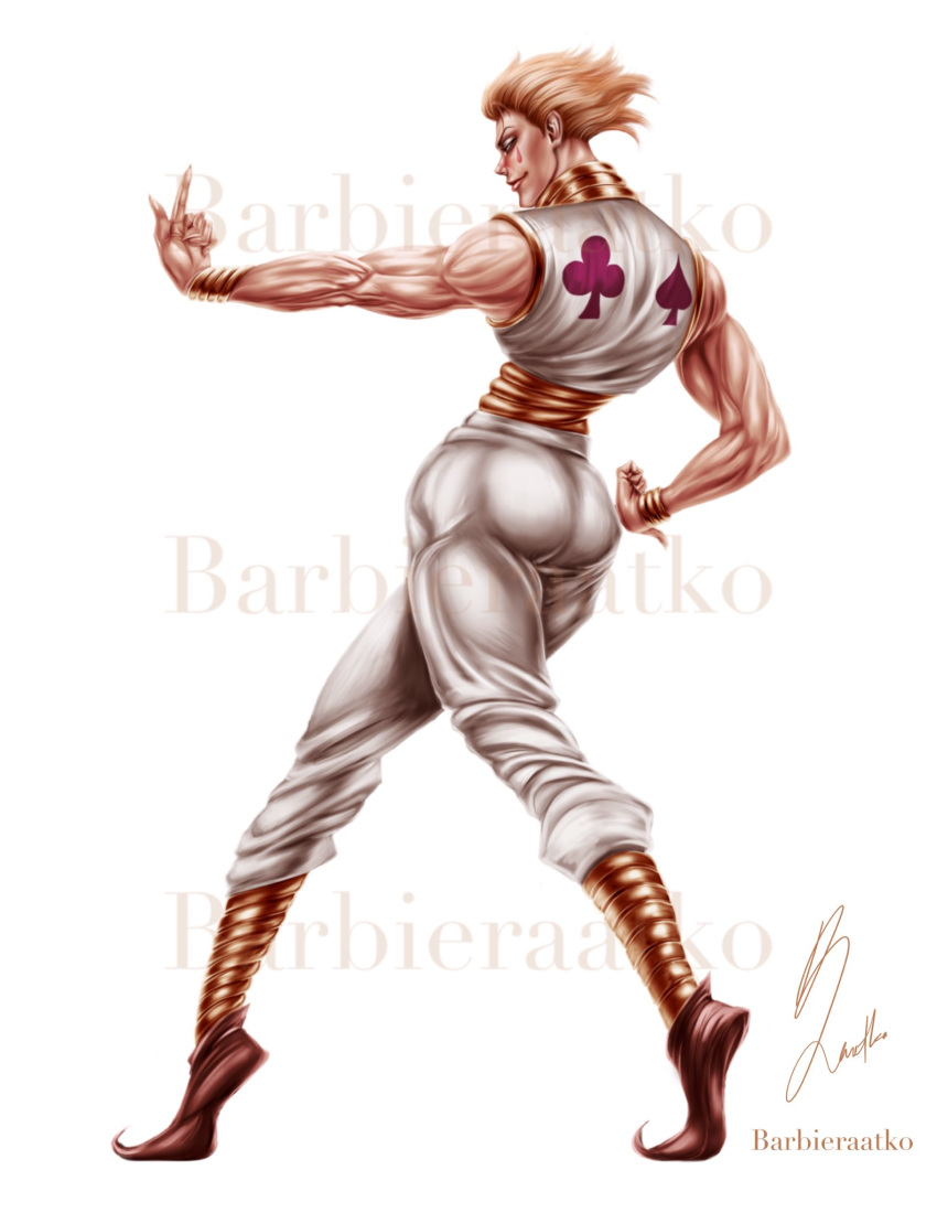 1boy, artist_name, barbieraatko, blonde_hair, club_(shape), facepaint, facial_mark, fingernails, full_body, hair_slicked_back, hand_on_own_hip, highres, hisoka_morow, hunter_x_hunter, male_focus, muscular, muscular_male, short_hair, signature, simple_background, solo, spade_(shape), teardrop_facial_mark, teardrop_tattoo, wristband, yellow_eyes