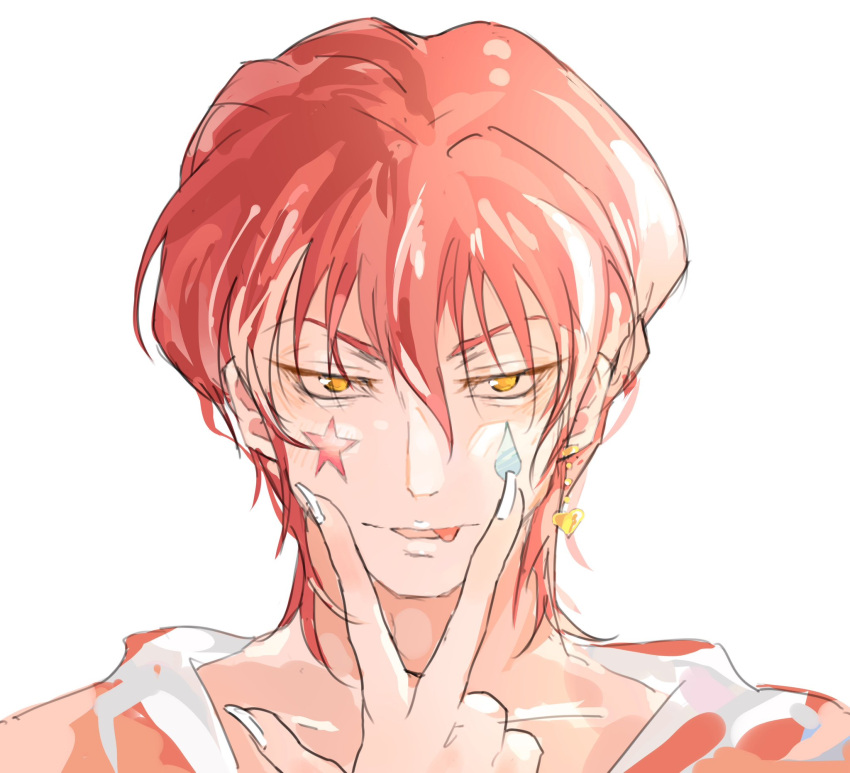 1boy, collarbone, earrings, facepaint, facial_mark, fingernails, haru3433, highres, hisoka_morow, hunter_x_hunter, jewelry, long_fingernails, looking_at_viewer, male_focus, redhead, short_hair, simple_background, smile, solo, star_(symbol), star_facial_mark, teardrop_facial_mark, teardrop_tattoo, upper_body, white_background, yellow_eyes