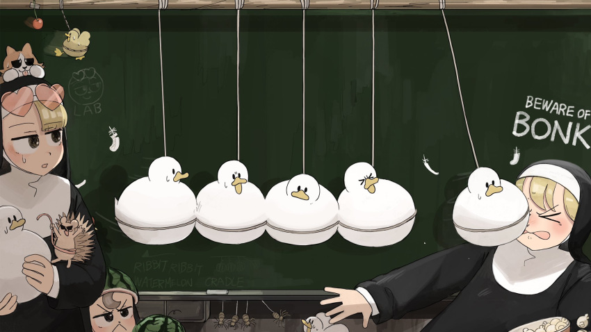 >_<, 3girls, bird, blonde_hair, brown_hair, bug, cat, catholic