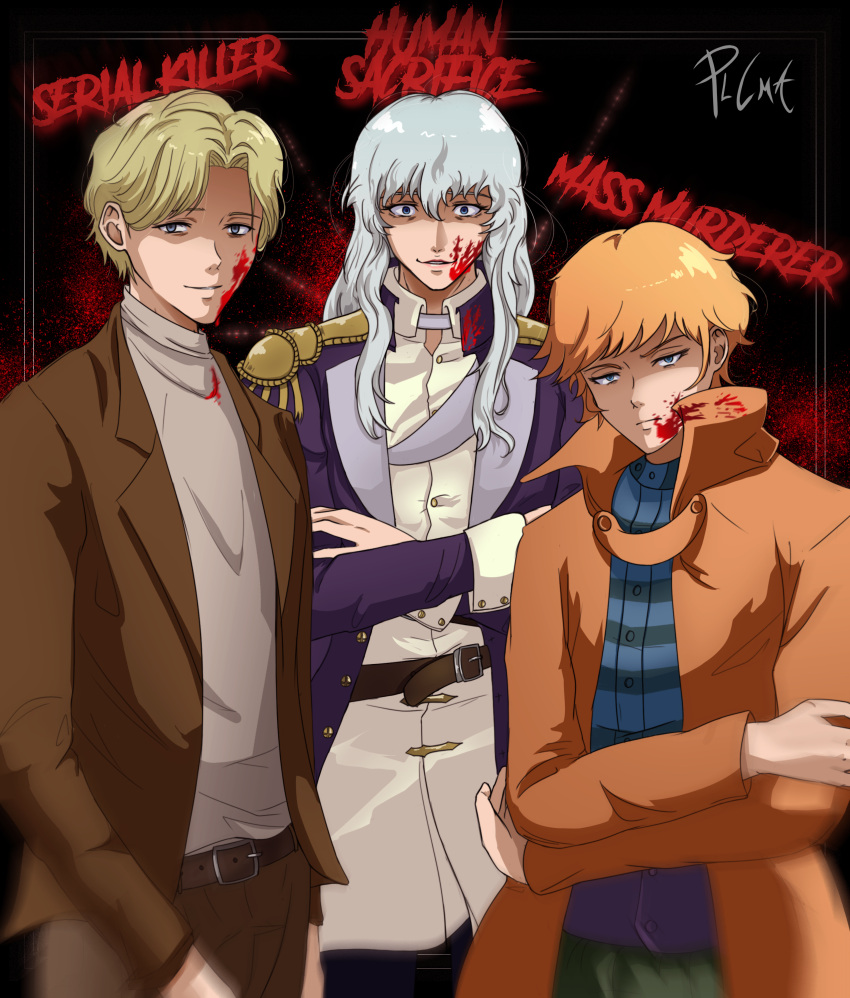 3boys, absurdres, androgynous, asuka_ryou, belt, berserk, blonde_hair, blood