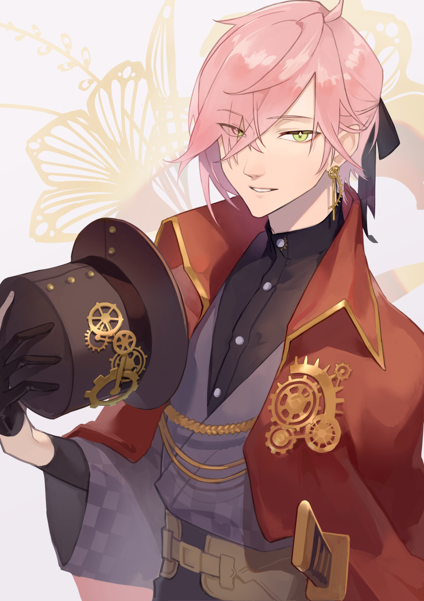 1boy, absurdres, belt, black_gloves, black_headwear, black_ribbon, black_sash, black_shirt, cape, collared_cape, dangle_earrings, dress_shirt, earrings, eyes_visible_through_hair, floral_background, gear_earrings, gear_hat_ornament, gears, gloves, gold_trim, green_eyes, grey_kimono, hair_over_one_eye, hair_ribbon, half_gloves, half_updo, hat, hat_ornament, hat_removed, headwear_removed, highres, holding, holding_clothes, holding_hat, holostars, japanese_clothes, jewelry, katana, kimono, long_sleeves, looking_at_viewer, male_focus, official_alternate_costume, parted_lips, pink_hair, red_cape, ribbon, rikka_(holostars), sash, sheath, sheathed, shirt, short_hair, smile, solo, sword, top_hat, upper_body, virtual_youtuber, watari_tuna, weapon, white_background