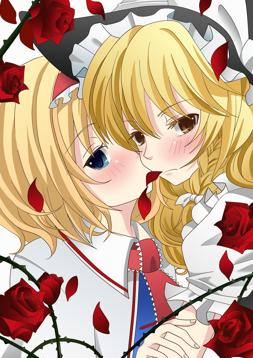 alice_margatroid, blonde_hair, blue_eyes, blush, braid, capelet, flower, hairband