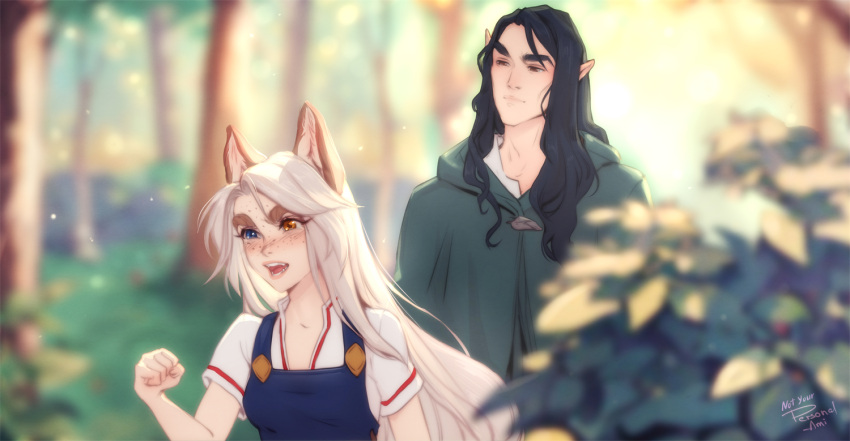 1boy, 1girl, animal_ear_fluff, animal_ears, artist_name, black_hair, blue_eyes, blurry