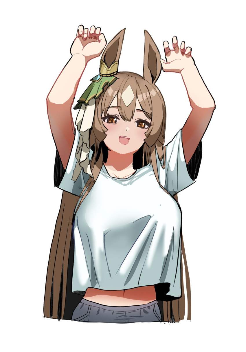 1girl, animal_ears, breasts, brown_eyes, brown_hair, ear_ornament, grey_pants, hair_between_eyes