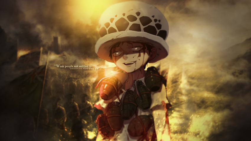 1boy, aged_down, black_hair, blood, blood_on_face, child, english_text, explosive, fur_hat, grenade, hat, highres, holding, holding_grenade, male_focus, one_piece, open_mouth, redeye27, short_hair, short_sleeves, smile, solo, teeth, trafalgar_law, yellow_eyes
