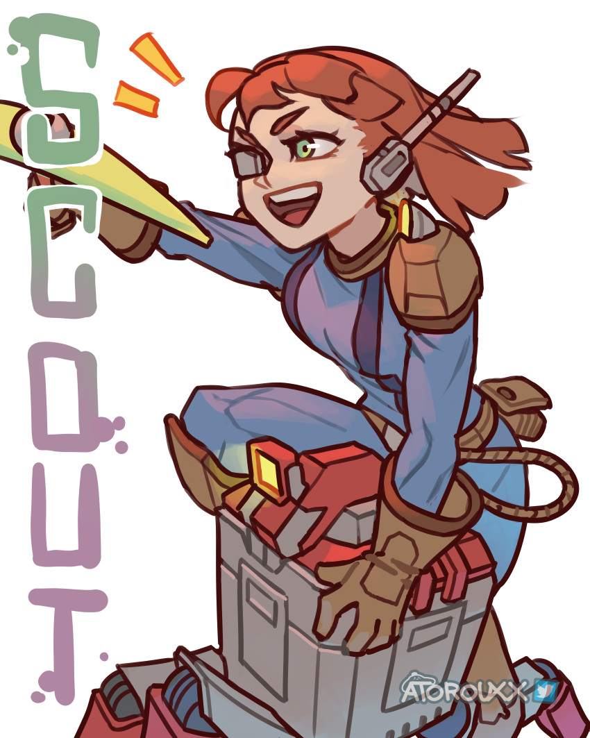1girl, absurdres, atoroux, belt, belt_pouch, brown_gloves, deep_rock_galactic, gloves, green_eyes, headset, highres, holding, holding_pickaxe, knee_pads, mule_(deep_rock_galactic), open_mouth, pickaxe, pouch, radio_antenna, redhead, riding, robot, rope, scout_(deep_rock_galactic), solo