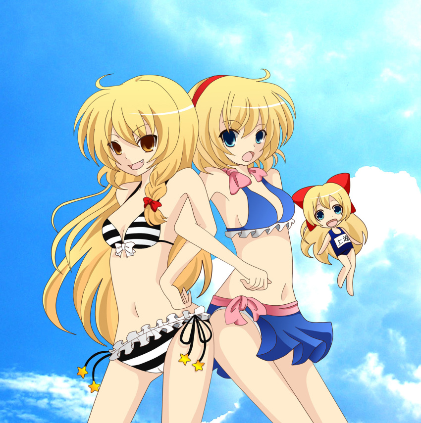 alice_margatroid, bad_id, bikini, blonde_hair, blue_eyes, braid, doll, fang, hairband, highres, kayama_benio, kayamabenio, kirisame_marisa, long_hair, matching_shanghai, multiple_girls, name_tag, one-piece_swimsuit, school_swimsuit, shanghai, shanghai_doll, short_hair, single_braid, swimsuit, touhou, yellow_eyes