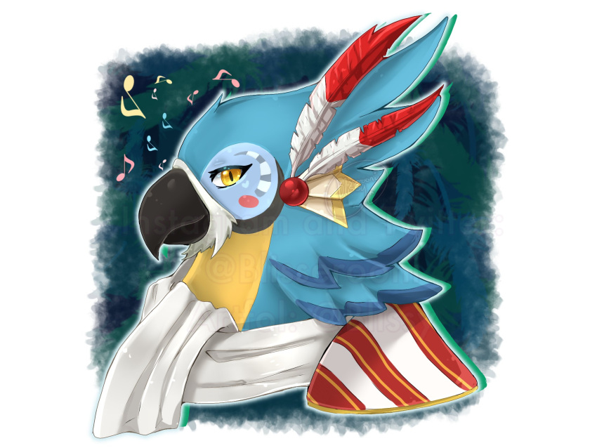 1boy, artist_name, beak, bird_boy, blisserooni, blue_background, blue_fur, blush_stickers, body_fur, border, closed_mouth, commentary, drop_shadow, english_commentary, feather_hair_ornament, feathers, from_side, furry, furry_male, gem, hair_ornament, happy, heart, highres, kass, looking_at_viewer, male_focus, musical_note, outline, outside_border, portrait, profile, red_feathers, red_gemstone, rito, scarf, smile, solo, the_legend_of_zelda, the_legend_of_zelda:_breath_of_the_wild, twitter_username, two-tone_fur, watermark, white_border, white_outline, white_scarf, yellow_eyes, yellow_fur