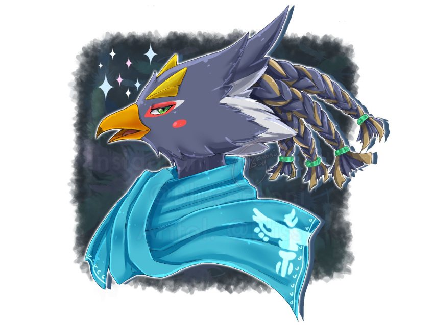 1boy, artist_name, beak, bird_boy, blisserooni, blue_fur, blue_hair, blue_scarf