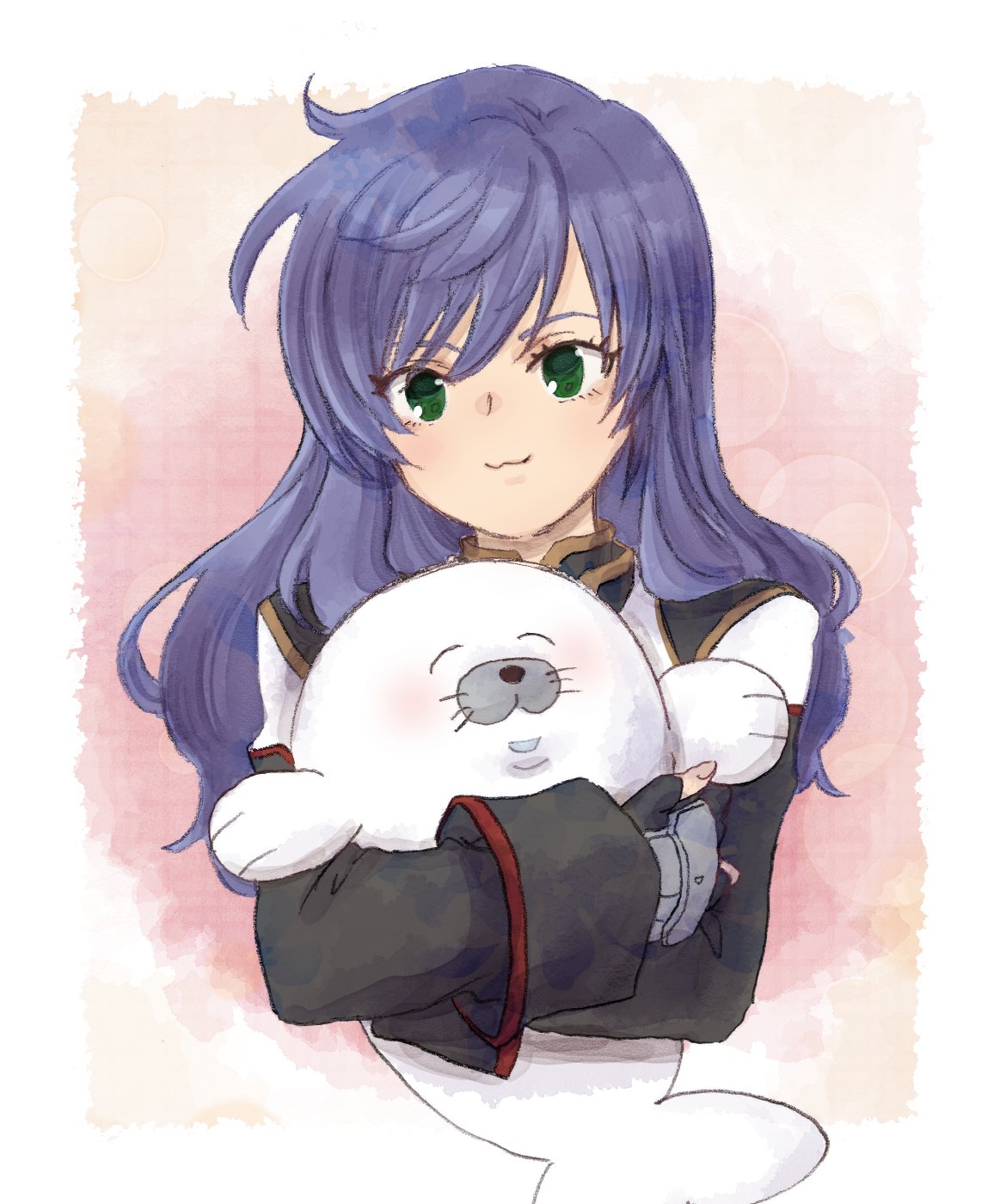 1girl, animal, blue_hair, closed_mouth, fingerless_gloves, gloves, green_eyes, highres, holding, long_hair, looking_at_viewer, maria_traydor, mochiccco, seal_(animal), simple_background, smile, solo, star_ocean, star_ocean_till_the_end_of_time