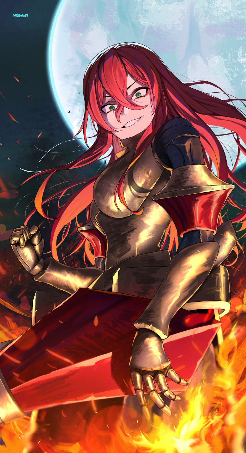 1girl, absurdres, armor, artist_name, black_clover, fire, full_armor, green_eyes, highres, kisany, long_hair, looking_at_viewer, moon, open_mouth, pink_hair, princia_funnybunny, smile, solo