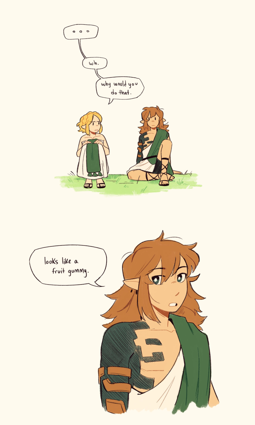 1boy, 1girl, absurdres, archaic_set_(zelda), blonde_hair, dress, earrings, highres