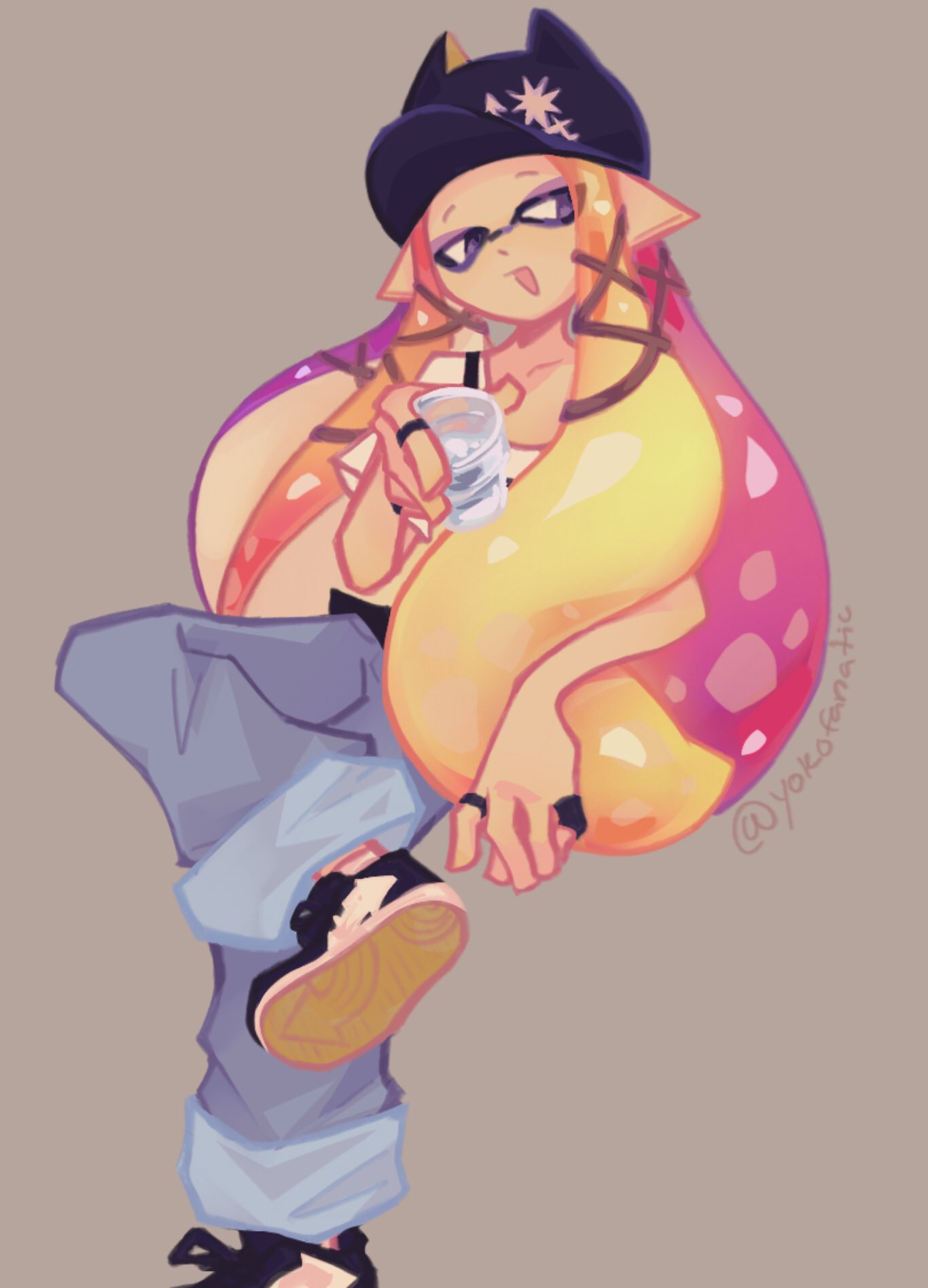 1girl, black_footwear, black_headwear, blonde_hair, blue_pants, brown_background, crossed_legs, cup