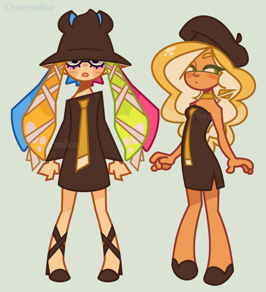 2girls, artist_name, bare_shoulders, bibi_(splatoon), black_dress, black_eyes, black_footwear, black_headwear