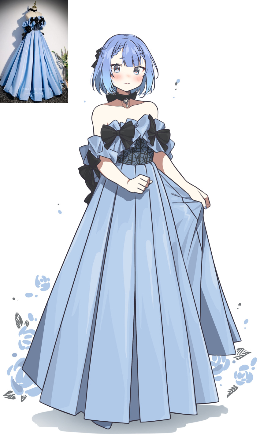 123ab456c, 1girl, absurdres, alternate_costume, bare_shoulders, black_collar, black_ribbon, blue_dress, blue_hair, blush, closed_mouth, collar, commentary_request, dress, dress_ribbon, echo_(punishing:_gray_raven), grey_eyes, hair_ribbon, highres, korean_commentary, medium_hair, pleated_dress, punishing:_gray_raven, ribbon, tagme, white_background