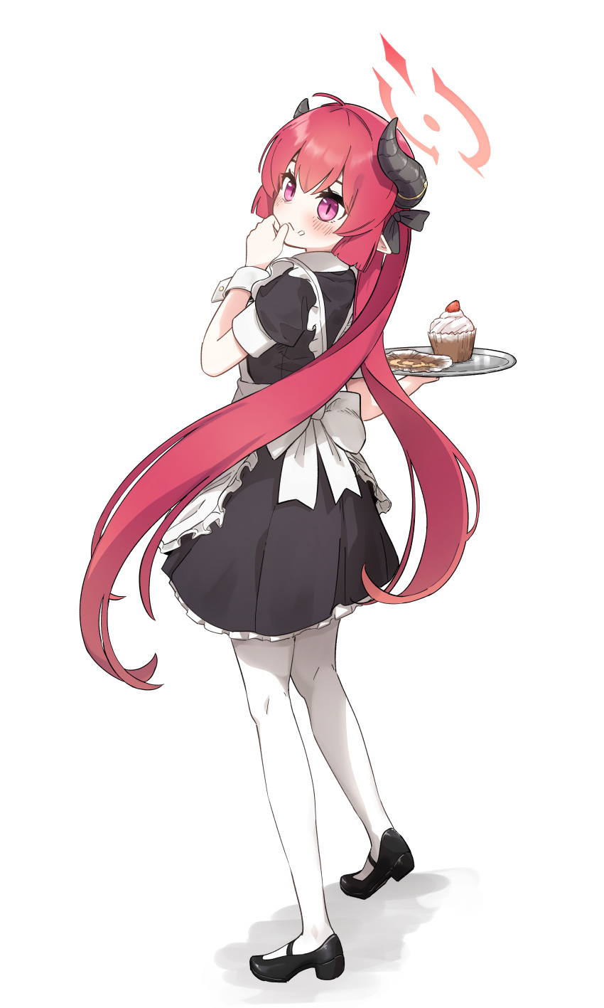 1girl, absurdres, apron, back_bow, black_bow, black_footwear, black_shirt, black_skirt